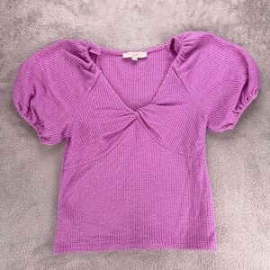 LOFT Twist-Front Top Puff‎ Sleeve Textured Knit Blouse Purple Size S